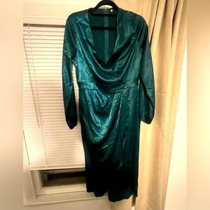 Teal long sleeve faux wrap dress